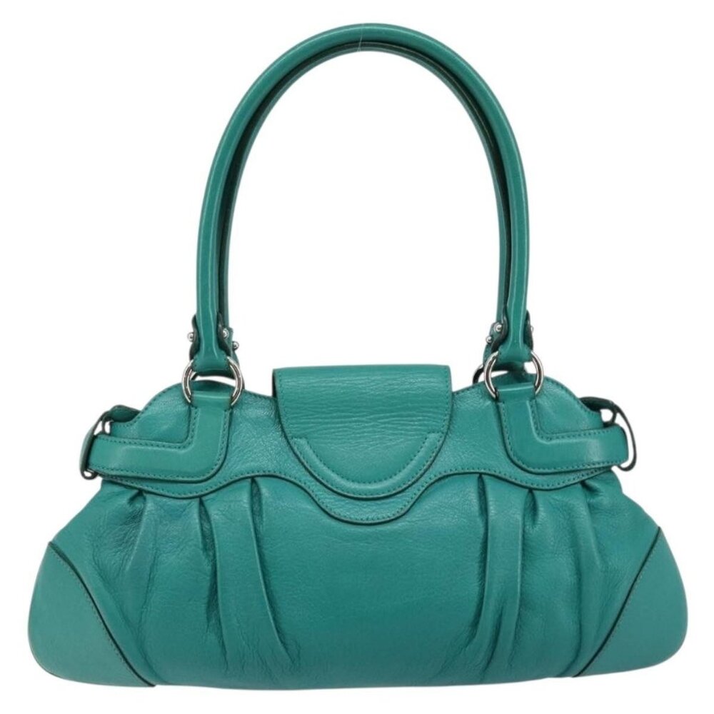 Authentic Salvatore Ferragamo Gancini Shoulder Bag Leather Green Silver - Picture 9 of 16